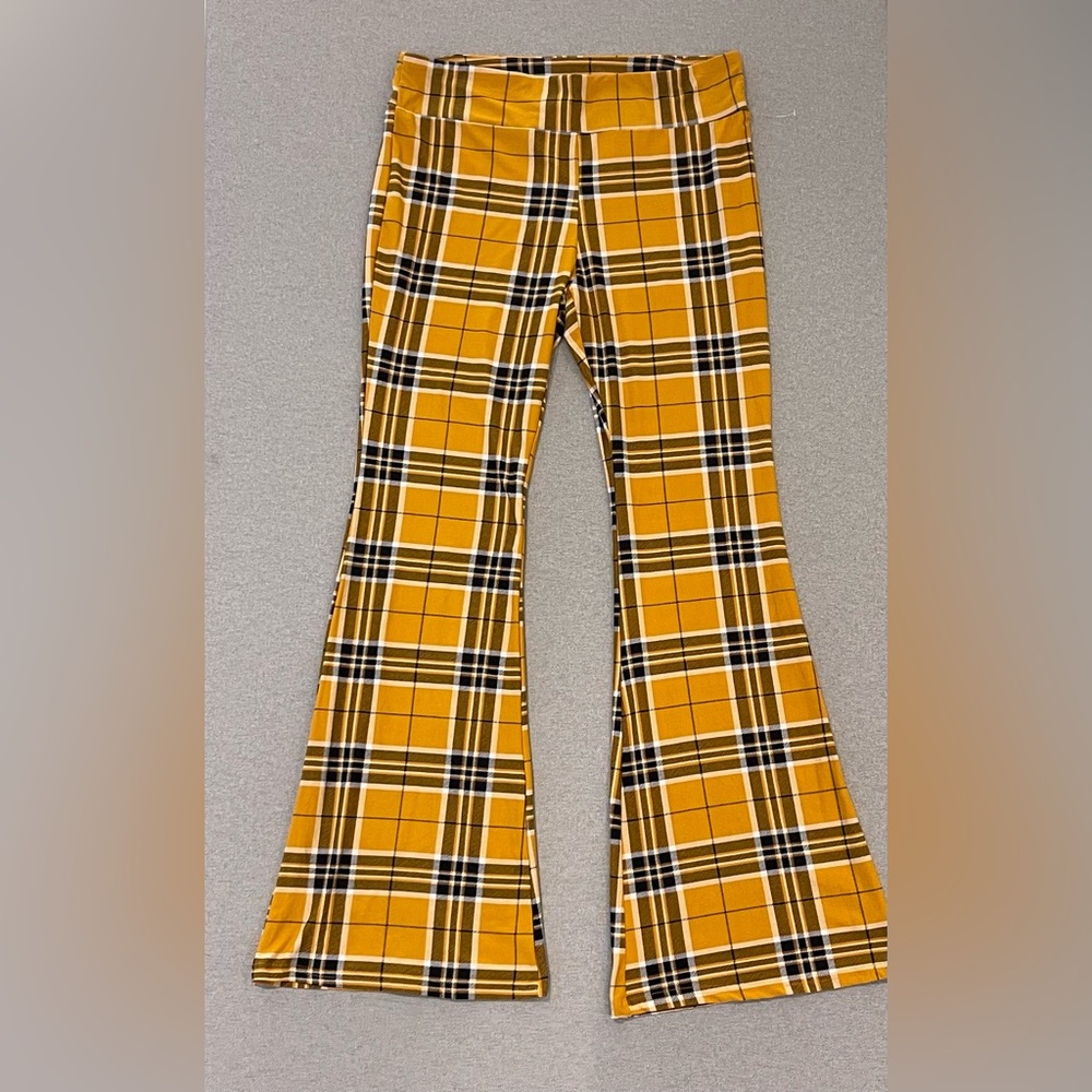 No Boundaries Plaid Flare Pants XL‎ Yellow Y2K Bell Bottom Stretch High Rise